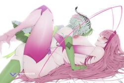 1boy 1girl abdomen_tail absurdres antennae arthropod_girl arthropod_limbs ass between_breasts black_sclera blunt_bangs breasts cockroach_girl colored_nipples colored_sclera colored_skin facial_mark female genderswap genderswap_(ftm) green_eyes green_hair grey_nipples head_between_breasts highres indie_virtual_youtuber insect_wings juniper_(egocider) juniper_actias juniper_actias_(space_invader) large_breasts legs long_hair looking_at_another lying matara_kan matara_kan_(1st_costume) mature_female monster_girl moth_antennae moth_girl moth_wings multicolored_hair nipples nude nude_female on_back pink_hair pointy_ears red_eyes sex short_hair streaked_hair thick_thighs thighs very_long_hair virtual_youtuber vivi_co vtuber white_background white_skin wings