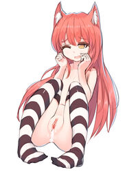 animal_ears bangs cum cum_in_pussy cute_fang female long_hair one_eye_closed open_mouth orange_eyes original over-kneehighs pussy red_hair shone simple_background sitting sketch solo striped striped_legwear tareme thighhighs white_background