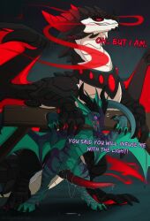 anthro anthro_on_feral bestiality blizzard_entertainment bodily_fluids clitoral clitoral_rubbing collar dinkysaurus dracthyr dragon duo elemental_manipulation european_mythology female feral fire fire_manipulation genital_fluids grin hi_res horn imminent_sex male male/female mythological_creature mythological_scalie mythology precum red_eyes red_horn red_wings redshift_(dinkysaurus) restraints scalie size_difference smaller_female smile smug smug_grin speech_bubble spread_legs spreading stocks vaginal_fluids warcraft western_dragon wings