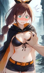 ai_generated belt belt_buckle big_boobs big_breasts big_tits bikini_top blush blushing brown_hair brown_hair_female cape embarrassed embarrassed_expression embarrassed_female exposed_midriff exposed_stomach grope grope_breast groping groping_breast light-skinned_female midriff ponytail_(hair) re:zero re:zero_kara_hajimeru_isekai_seikatsu revealing_clothes revealing_outfit ribbon_in_hair sexual_harassment shaula_(re:zero) shorts sole_female touching_breast