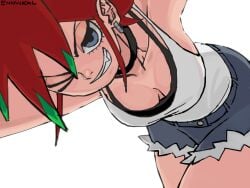 ennuikalart original someone_else's_oc pitaya_(hachura) white_background no_background light_skin light-skinned_female cleavage boobs breasts choker collarbone blue_eyes red_hair green_highlights wink smiling smiling_at_viewer cute_fang black_bra white_tank_top tank_top bra_strap short_pants blue_jeans cropped dutch_angle simple_shading simple_eyes simple simple_drawing simple_coloring simple_face accessory silver_earring thighs medium_breasts