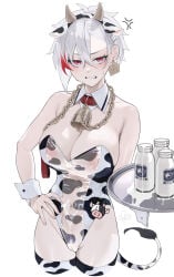 1girl absurdres anger_vein animal_ears animal_print bare_shoulders bell blush bottle breasts chain chain_leash cleft_of_venus collar cow_ears cow_horns cow_print cow_tail ear_tag fake_animal_ears female_pubic_hair hand_on_own_hip highres holding holding_tray horns large_breasts leash leotard looking_at_viewer milk milk_bottle multicolored_hair nipples original playboy_bunny pubic_hair pussy red_collar red_eyes rerrere see-through_clothes see-through_leotard short_hair simple_background solo standing tail thighhighs tray two-tone_hair white_background white_hair wrist_cuffs