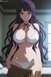 digitalwaifugallery ai_generated patreon seductive sexy uncensored watermark hi_res high_quality high_resolution tsumiki_mikan danganronpa 1girl breasts underwear solo bra panties large_breasts long_hair skirt white_panties white_bra brown_skirt navel blush indoors mole_under_eye looking_at_viewer purple_eyes mole cleavage bed purple_hair undressing window closed_mouth ribbon pleated_skirt cowboy_shot skirt_pull neck_ribbon red_ribbon bow on_bed collarbone