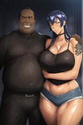 1girl blue_hair cuckold netorare ntr older_male older_male_and_younger_female saeko_busujima tan_skin