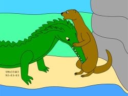 4:3 ball_bite beach bite brown_body brown_fur castration cock_and_ball_torture cornered crocodile crocodilian feral forced fur genital_mutilation genital_torture grass green_body green_scales male male/male mammal mustelid mutilation otter otter_tail outside pain plant reptile river scales scalie sharp_teeth shocked size_difference sky teeth urbanhermit wide_eyed