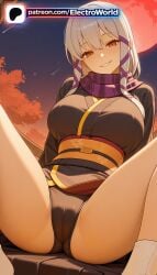 2026 highres hi_res electroworld patreon_username high_quality high_resolution artist_name stable_diffusion ai_generated 1girl 1girls patreon watermark breasts boobs moon starry_sky legs_apart sunset legs_spread solo orange_sky scarf red_sky splayed_legs japanese_clothes spread_legs tits night_sky smile bust chest star_(sky) sky cloud full_moon night open_legs red_moon looking_at_viewer clair_lasbard star_ocean