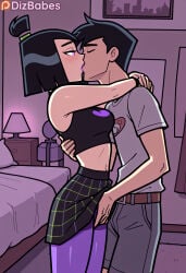 1girl 1girl1boy 1girls ai_generated bed bedroom black_hair black_skirt crop_top danny_fenton danny_phantom dizbabes female kiss lipstick makeup male midriff nickelodeon pantyhose purple_eyes purple_lips sam_manson short_hair skirt sleeveless sleeveless_shirt stable_diffusion