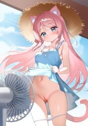 1girl absurdres animal_ear_fluff animal_ears blue_dress blue_eyes blush breasts cat_ears cat_girl cat_tail closed_mouth clothes_lift cowboy_shot day dress dress_lift electric_fan fanning_crotch hat highres lifting_own_clothes long_hair navel original pink_hair pussy sleeveless sleeveless_dress solo straw_hat tail uncensored yunjuice