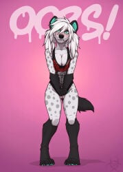 4_toes 5_fingers anthro black_body black_fur black_tail canid canine english_text feet female fingers fur genitals gradient_background hair hi_res humanoid_genitalia humanoid_vulva hyena mammal shocked shy simple_background slipknot solo spotted_hyena tail tasha_lisets tashalisets text toes vulva white_body white_fur white_hair