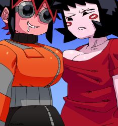 big_breasts black_hair black_pants black_sweater blue_background blush blush_lines boob_press boob_window boobs boobs_pushed_together boots breasts cleavage cropped dot_eyes drooling engineer_character_(ennuikal) ennuikalart face_markings glistening_breasts glistening_clothing glistening_glasses googles huge_breasts jumpsuit large_breasts light-skinned_female light_skin linette_tennacy_(ennuikal) mob_face no_background ocs orange_jacket original original_characters ponytail poses raven_hair red_highlights red_shirt short_hair silver_stripes simple simple_drawing sketch_lines slim_waist smile smiling sweater_puppies tagme thick_thighs thighs turtle_neck two_tone_hair white_skin white_skinned_female zipper