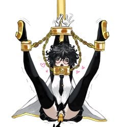 vibrator_in_pussy clothing limbus_company sora_(limbus_company) bondage orgasm digital_drawing_(artwork) chained bound_wrists bound_ankles uncensored no_panties anonymous_artist simple_background female_focus moaning_in_pleasure blushing vibrator thighhighs medium_breasts thighs legs_up legs_apart arms_up anonymous_character 1girl bound bushy_pubes pussy_hair pussy_ejaculation project_moon chained_wrists chained_ankles pole bound_to_pole black_hair black_eyes glasses round_glasses white_background black_thighhighs gold_(metal) sex_toy sex_toy_in_pussy sex_toy_insertion messy_hair covered_breasts clothed_female highres high_heels soft_shading color light-skinned_female