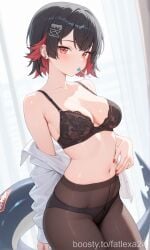 1girl ai_generated bangs bare_shoulders black_bra black_hair black_panties black_pantyhose blush bra breasts brown_pantyhose candy cleavage collarbone colored_inner_hair cowboy_shot ear_piercing earrings ellen_joe fish_tail food food_in_mouth hair_ornament hairclip lollipop long_sleeves looking_at_viewer medium_breasts mouth_hold multicolored_hair nail_polish navel off_shoulder open_clothes open_shirt panties panties_under_pantyhose pantyhose piercing red_eyes red_hair red_nails shark_tail shirt short_hair solo stomach tail two-tone_hair underwear white_shirt zenless_zone_zero