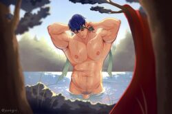 1boy armpit_hair armpits bara blue_hair closed_eyes fire_emblem fire_emblem:_radiant_dawn green_headband headband ike_(fire_emblem) jonigiri large_pectorals male male_focus male_only male_pubic_hair muscular muscular_arms muscular_male navel navel_hair nipples nude outdoors pectorals penis pubic_hair short_hair solo twitter_username wading wet
