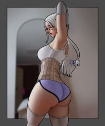 1girls arm_up armpits artist_name ass ayase_seiko big_ass big_breasts breasts clothing dandadan detached_sleeves eyewear female female_only gilf glasses grandmother hair iury_padilha legwear lips long_hair loose_hair old_woman red_eyes red_glasses shorts solo solo_female thighhighs thighs white_hair white_thighhighs
