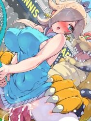 blonde_hair blue_dress blue_eyes blush boris_(noborhys) bowser breasts covered_nipples crown dress female hair_over_one_eye highres interspecies large_breasts male mario_(series) mario_tennis penis princess_rosalina public racket sex tennis_racket vaginal_penetration penetration cum cum_inside cum_in_pussy decensored uncensored third-party_edit public_exposure
