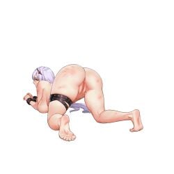 1girl anus anus_peek ass barefoot belt black_lilith_(last_origin) blush bracelet breasts cuffs defeat feet female female_only full_body game_asset grey_hair groin_tendon headband highres injury jewelry kneeling large_breasts last_origin long_hair looking_at_viewer looking_back non-web_source nude official_alternate_costume official_art open_mouth parted_bangs pubic_tattoo pussy self-datamine simple_background skindentation soles solo spanked tattoo thigh_strap thighs toes top-down_bottom-up transparent_background welts yellow_eyes