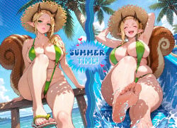 ai_generated aetera the_witchs_fabulous_cracker_show irina_(the_witchs_fabulous_cracker_show) female blonde_hair blonde_female blonde ponytail asymmetrical_hair horns brown_horn forehead elf_ears big_breasts big_tits big_boobs squirrel_tail bare_shoulders cleavage foot_fetish foot_focus barefoot toes soles soles_fetish soles_focus green_eyes blush bare_legs 2girls female_only female_focus foot feet feet_up feet_focus feet_fetish seductive seductive_look from_below pink_lipstick pink_lips slingshot_swimsuit green_swimsuit revealing_clothes breasts tits boobs summer vacation plump flip_flops legs leg_focus palm_tree ocean wooden_railing straw_hat dappled_sunlight pink_nail_polish pink_nails pink_toenails laughing happy water_slide water_splash splashing armpits hands_behind_head sliding sexy_pose sexy_female chubby_female open_eyes closed_eyes thighs thick_thighs belly_button half_naked blue_sky holidays sitting outside outdoors headwear daytime water enjoying voluptuous_female