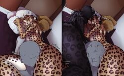 anthro bed between_legs between_thighs black_body black_hair blonde_hair breasts eyes_closed faceless_character faceless_male felid feline female fur furniture green_eyes group hair im_this_clingy_(meme) leopard long_hair lying male mammal markings meme narrowed_eyes nude on_back open_mouth pantherine pillow spots spotted_body spotted_fur spotted_hair text trio wavy_hair yellow_body yellow_fur