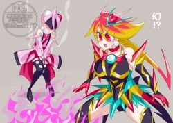 baku_yorozu big_breasts blush breasts covered_eyes dress genderswap gloves kamen_rider kamen_rider_zeztz kamen_rider_zeztz_(series) long_gloves long_stockings monster_girl otokam1117 pink_hair power_up power_up_girl red_eyes red_hair rule_63 stockings tagme tagme_(character) tokusatsu yellow_hair za_lady_(kamen_rider_zeztz)