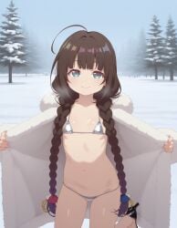 ai_generated beautiful_girl blue_eyes brown_hair flat_chest furcoat heavenly_body hinatsuru_ai long_hair micro_bikini open_clothing outdoors petite_female pretty_girl sexy_pose slim_female slim_waist slutty_body slutty_female snow temptation tempting_viewer