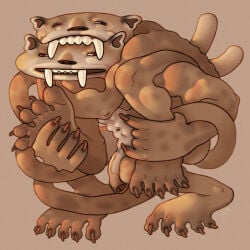 abs anthro big_feet big_penis bite canines_(teeth) caricature claws duo feet felid flaccid foreskin genitals hi_res intertwined long_tail male male/male mammal muscular muscular_male penis prehistoric_species ravuer riding_on_back saber-toothed_tiger silly_face silly_pose simple_background smilodon soles spots tail tan_body vein veiny_penis