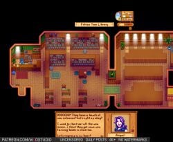 wodstudio pokemon stardew_valley abigail_(stardew_valley) eyes_closed female long_hair purple_hair :d open_mouth open-mouth_smile smile plant tree pokemon_species book bookshelf card ceiling_light chair door flower_pot potted_plant shelf stool table tiles vase 1girl bar_(place) gameplay_mechanics heads-up_display indoors shop stairs tile_floor english_language english_text text artist_name black_background character_name video_game web_address copyright_name fake_screenshot ai-created ai_generated