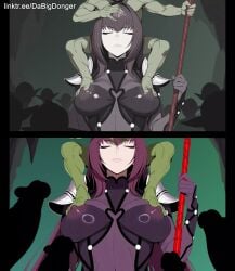 ai_generated animated bodysuit cameltoe fate/grand_order fate_(series) female gae_bolg goblin long_hair looking_at_viewer multiple_boys nipples_visible_through_clothing penis purple_hair pussy_juice red_eyes scathach_(fate) shoulder_armor smelling_penis sound spear tagme video weapon