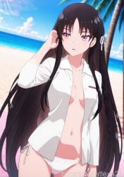 1girl ai_generated bangs beach bikini bikini_bottom_only black_hair blue_sky braid breasts classroom_of_the_elite cloud collarbone collared_shirt cowboy_shot day hair_ribbon horikita_suzune long_hair long_sleeves navel ocean open_clothes open_shirt outdoors palm_tree parted_lips ribbon shirt side-tie_bikini_bottom sky small_breasts solo sunlight swimsuit tree very_long_hair white_bikini white_ribbon white_shirt