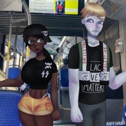 1boy 1female 1girl 1girls 1male 2d 2d_(artwork) 2d_artwork artist_name artist_signature artwork artwork_(digital) black_eyes black_hair black_hat black_helmet black_t-shirt black_tank_top blonde blonde-haired_male blonde_hair blonde_male blue_eyes bus chud chuddette_(mossa) chudjak closed_mouth clothed clothed_female clothed_male clothing confused confused_expression confused_face confused_look confusion dark-skinned_female dark_skin digital digital_art digital_media digital_media_(artwork) digital_painting digital_painting_(artwork) eyes eyes_open genderswap helmet hetero heterosexual heterosexual_female heterosexual_male light-skinned_male light_skin looking_at_each_other military military_hat military_helmet mouth mouth_closed nazi neo-nazi no_sex no_visible_genitalia no_visible_nipples open_eyes original painting painting_(artwork) pants public questionable race_swap rapetard rule_63 s0d0my_s1n short_hair short_shorts shorts soyjak ss standing standing_position straight straight_hair t-shirt tank_top thong white_thong