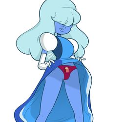 2girls blue_skin blushmallet cartoon_network clothes color dress female female_only gem_(species) gem_shapeshifting my_pronouns_are_under/wear panties red_panties ruby_(steven_universe) sapphire_(steven_universe) shapeshifter skirt_lift steven_universe underwear