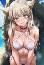 1girls 2d 2d_(artwork) alternate_costume arknights arknights:_endfield beach beach_background blue_eyes blush breasts day female female_focus female_only front_view light-skinned_female light_skin long_hair looking_at_viewer medium_breasts ocean outdoors perlica_(arknights:_endfield) rock sand sky slim_girl smiling smiling_at_viewer solo solo_female solo_focus standing summer swimsuit thong_bikini visible_breath water wet wet_body white_bikini white_bikini_bottom white_bikini_top white_swimsuit young younger_female