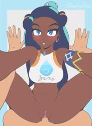 1boy 1girls anon blush bottomless brown_hair brown_skin clitoris clothed_female_nude_male clothed_sex color color_edit colored cute dark-skinned_female dark_skin earrings female hips inktober interracial jewelry light-skinned_male light_skin line_art looking_at_viewer male male/female necklace nessa_(pokemon) nintendo no_panties pokemon pokemon_(game) pokemon_ss pov pussy romantic sex shadrysea sketch straight topwear uncensored vagina vaginal_penetration