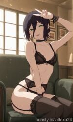 1girl :p ai_generated arm_up bangs bare_shoulders between_legs black_bra black_choker black_hair black_panties black_thighhighs blush bra breasts chainsaw_man choker cleavage collarbone garter_belt green_eyes hair_between_eyes hair_bun hand_between_legs indoors lingerie looking_at_viewer medium_breasts navel panties patreon_username reze_(chainsaw_man) short_hair single_hair_bun sitting small_breasts smile solo thighhighs thighs tongue tongue_out underwear underwear_only v window wrist_cuffs