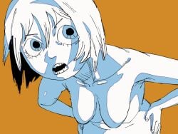 ennuikalart original original_character oc sketch simple simple_drawing simple_shading simple_eyes simple_face white_skin white_skinned_female orange_background no_background gaping_mouth frontal_nudity topless topless_female short_hair no_nipples no_bra hands_on_hips skirt collarbone leaning_forward tagme