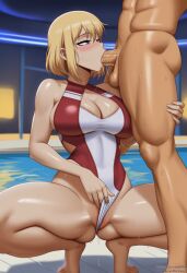 arikea ai_generated solo_leveling cha_hae_in indoors pool swimming_pool short_hair blonde_hair purple_hair big_breasts big_ass thick_thighs wide_hips swimsuit squatting spread_legs oral oral_sex oral_penetration fellatio deepthroat blowjob blush blushing eyes_half_open wet_body