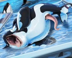 animal_genitalia animal_penis aquatic black_body bodily_fluids brown_eyes cetacean cetacean_genitalia cetacean_penis day dolphin drooling duo erection facial_scar feral genital_slit genitals hi_res imperatorcaesar male male_feral mammal oceanic_dolphin open_mouth orca penis pink_penis pink_tongue saliva scar solo_focus swimming tapering_penis tongue tongue_out toothed_whale water white_body