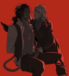 2boys bite_mark blood_drip blood_in_mouth facial_hair leona_kingscholar lion_ears lion_tail male masturbation partially_clothed penis pubic_hair twisted_wonderland vampire vil_schoenheit yaoi