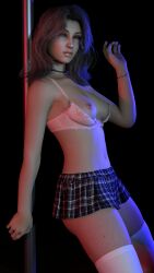 1girls alternate_hairstyle black_hair blue_eyes bra bra_lift clothing female final_fantasy_xiii looking_at_viewer oerba_yun_fang_(ff_xiii) pierced_nipples piercing piercings pole skirt stockings virt-a-mate virtamate