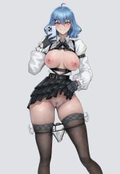 1girl absurdres black_gloves black_ribbon black_skirt blue_hair breasts brown_thighhighs cellphone clothes_lift commission female female_only female_pubic_hair frilled_skirt frills gloves grin hair_ornament highres holding holding_phone large_breasts lifting_own_clothes long_sleeves looking_at_viewer namiji_freesia neck_ribbon phone production_kawaii pubic_hair puffy_long_sleeves puffy_sleeves pussy ribbon second-party_source short_hair skirt skirt_lift smartphone smile solo thighhighs uncensored virtual_youtuber x_hair_ornament yellow_eyes zaenathi