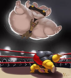jiggly_(kazecat) kazecat bunny_girl rabbit_girl wrestling_ring sitting_on_person thick_thighs huge_ass wrestling