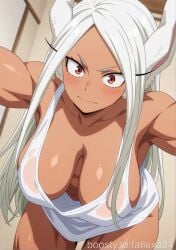 1girl ai_generated animal_ears bangs blush breasts cleavage closed_mouth collarbone dark-skinned_female dark_skin hanging_breasts indoors large_breasts leaning_forward long_hair looking_at_viewer mirko muscular muscular_female my_hero_academia no_bra parted_bangs rabbit_ears rabbit_girl red_eyes rumi_usagiyama see-through shiny_skin solo tank_top thighs usagiyama_rumi white_hair white_tank_top