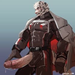 1boy abs absurdres animal_ears arknights artist_name bara black_bodysuit black_gloves black_pants blush bodysuit cross_scar erection fangs furry furry_male gloves highres jacket jacket_on_shoulders looking_at_penis looking_down male_focus mountain_(arknights) mountain_(hardcore_rider)_(arknights) muscular muscular_male open_fly open_pants pants pectorals penis relax_lion scar scar_across_eye scar_on_cheek scar_on_face sweat tail tiger_boy tiger_ears tiger_stripes tiger_tail twitter_username white_jacket