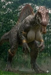 spinosaurus dinosaur milf slave furry ai_generated large_breasts gold_jewelry giant_female scales reptile