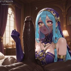 vantawaifu ai_generated azura_(fire_emblem) fire_emblem 1girl veil veiny_penis veins 1boy penis_awe jewelry elbow_gloves gloves dark_skin dark-skinned_male indoors penis mouth_veil hetero yellow_eyes breasts hair_between_eyes blue_hair looking_at_penis long_hair interracial open_mouth huge_penis erection uncensored necklace lamp earrings large_penis window testicles wide-eyed surprised pendant blurry_background very_dark_skin bare_shoulders blurry nude dress detached_collar cleavage very_long_hair bedroom bed medium_breasts on_bed solo_focus arabian_clothes harem_outfit