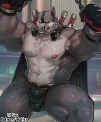 1boy abs animal_ears armpits arms_up artist_name bara biceps black_fur black_male_underwear bulge chain chained clenched_hands covered_testicles english_commentary flaccid furry furry_male highres male_focus male_only male_underwear masked muscular muscular_male muzzle_(mask) navel nipples paid_reward_available patreon_username pectorals romeul solo solo_male topless_male underwear wolf_boy wolf_ears wulfer-shepherd zenless_zone_zero