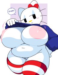 1girl anthro areolae big_breasts black_eyes blue_sweater blush blush_stickers bottomless bow breasts cassettedream cat_girl closed_mouth clothes_lift dialogue dream-cassette english_text eyeshadow felid feline female female_only flashing flashing_breasts furry furry_female hair_bow half-closed_eyes hand_on_own_hip hello_kitty hello_kitty_(character) hello_kitty_(series) hoodie_lift hoshime huge_breasts kitty_white large_areolae large_breasts lifted_by_self long_sleeves looking_at_viewer makeup mammal nipples no_bra red_thighhighs sanrio solo solo_female speech striped_thighhighs sweater talking text thick_thighs thighs transparent_background whiskers white_fur wide_hips