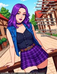 wodstudio stardew_valley abigail_(stardew_valley) belt belt_buckle black_legwear black_shirt black_thighhighs blue_jacket brown_belt buckle choker clothing denim denim_jacket eyeshadow jacket legwear lipstick makeup miniskirt nail_polish open_clothes open_jacket plaid plaid_skirt pleated_skirt purple_choker purple_eyeshadow purple_nails purple_skirt shirt skirt sleeveless sleeveless_jacket sleeveless_shirt thighhighs vest zettai_ryouiki blue_eyes breasts clavicle female lips long_hair medium_breasts purple_hair purple_lips thighs against_railing smile looking_at_viewer tree railing 1girl building day outdoors sky solo english_language english_text text artist_name cowboy_shot username web_address patreon_username ai-created high_resolution ai_generated