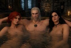 1boy 2girls ai_generated bath bathing black_hair breasts cd_projekt_red choker completely_nude female geralt_of_rivia light-skinned_female light-skinned_male light_skin looking_at_viewer luxuryai male mascara necklace nipples nude purple_eyes red_hair scar the_witcher_(series) the_witcher_3:_wild_hunt triss_merigold wet_body white_hair witcher_medallion yennefer