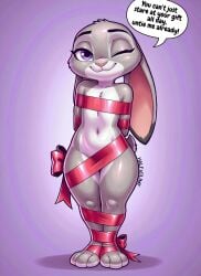ai_generated bow bunny_girl dialogue female flat_chest floppy_ears fur furry gift_wrapped gift_wrapping grey_fur halfaslime judy_hopps meme navel non-nude nude_guy_wrapped_in_ribbons_standing_(meme) simple_background smile smiling solo standing tail two-tone_fur violet_eyes white_fur winking_at_viewer zootopia