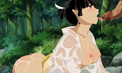 1boy 1girls ass big_breasts black_hair blush bottomless breasts clothed clothes dark-skinned_male dark_skin earrings eyeshadow falara-unveiled feather fellatio female forest high_res inuyasha juices kagura_(inuyasha) leaning_forward licking lipstick makeup male medium_hair nipples no_underwear oral outside penis pointy_ears red_eyes robe saliva solo_focus tied_hair tongue tongue_out trees undressing wet wet_clothes